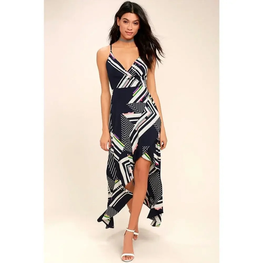 Lulus The Sky’s The Limit Navy Blue Striped High-low dress sz M